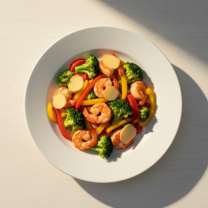 Creveți la Tigaie cu Legume și Ghimbir