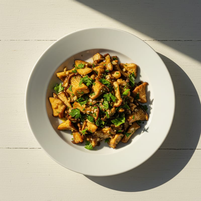 Pleurotus Jamila la Tigaie cu Usturoi și Pătrunjel