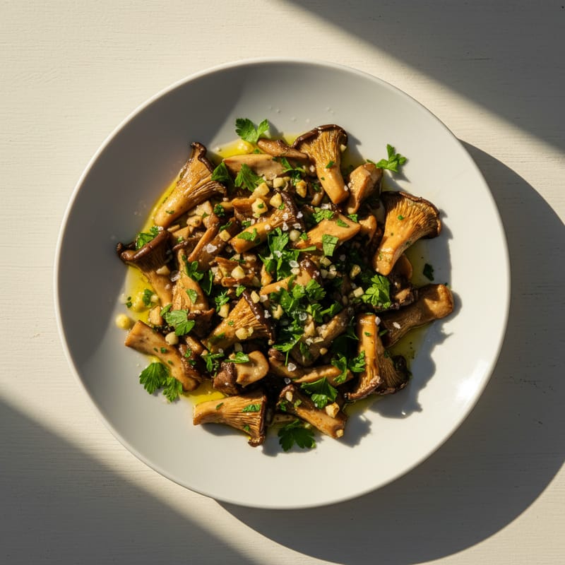 Pleurotus la Tigaie cu Usturoi și Pătrunjel