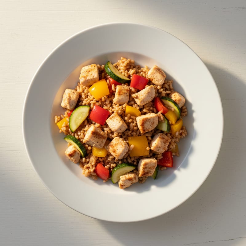 Tigaie de Pui cu Legume și Orez Brun